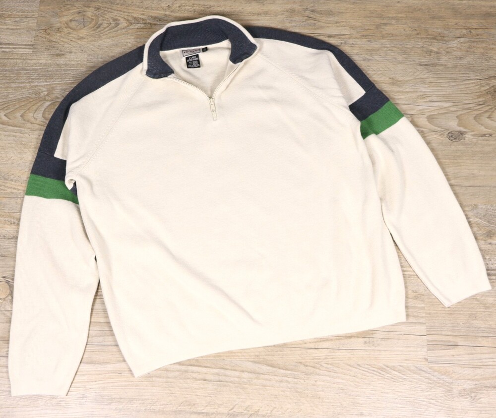 VTG 90s Arizona Jean Co Colorblock Quarter Zip Pullover Sweater Cream Navy XL
